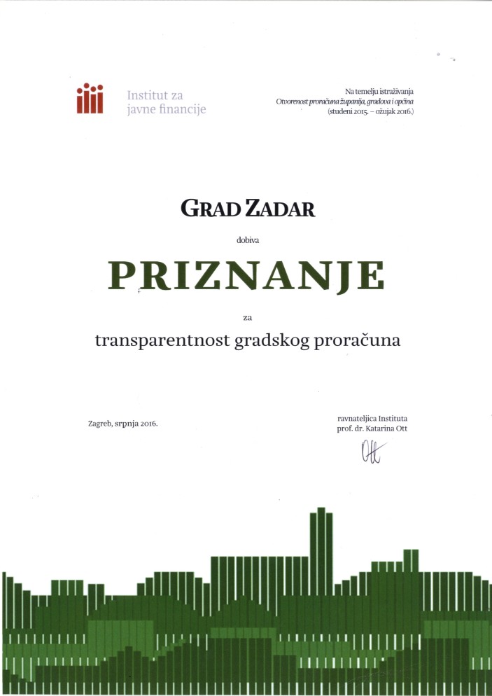Grad Zadar dobio priznanje za transparentnost gradskog proračuna